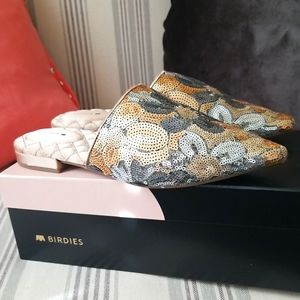 Birdies mule slides, Gold/Blue sequin - Sz. 9